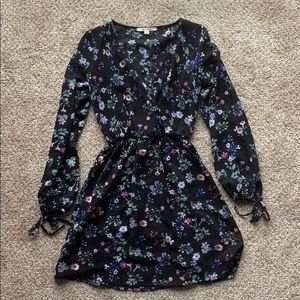 Black Floral V-Neck Wrap Dress